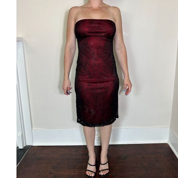 Vintage Strapless Red and Black Sparkly Midi Dress Size M - Picture 3 of 7